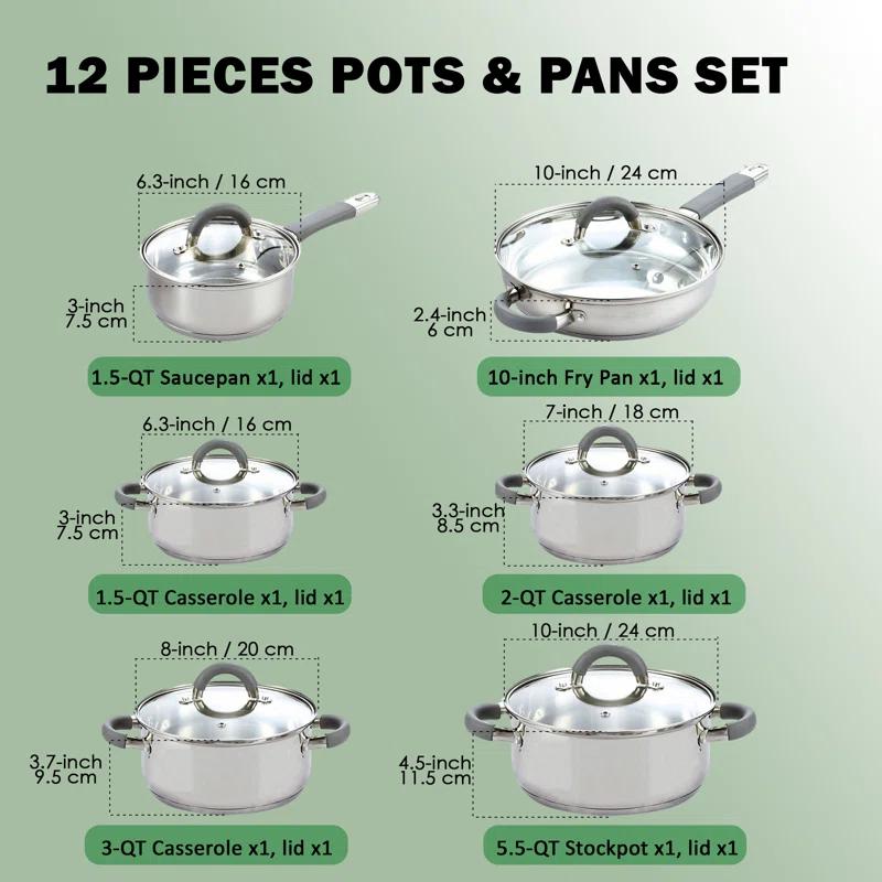 Cooks Standard 12 Piece Stainless Steel Cookware Set, Silicone Handle