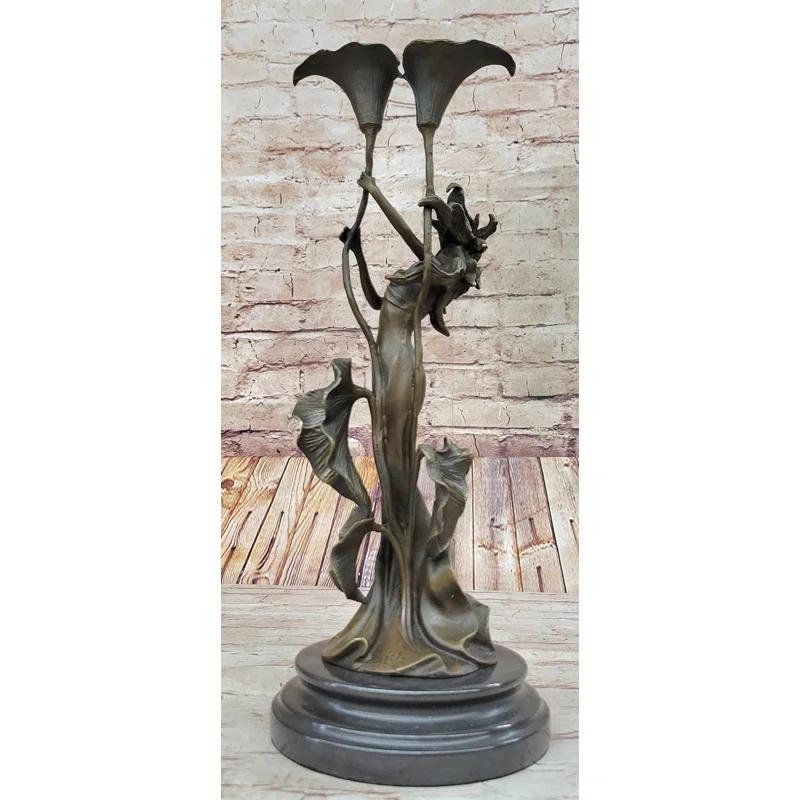 Red Barrel Studio® Walene Tulip Young Girl Candlestick Statue Bronze Art Deco Candleholder Sculpture