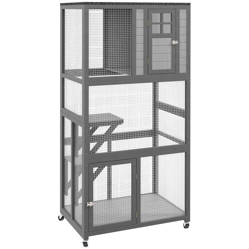Tucker Murphy Pet™ PawHut 74" Light Gray Weatherproof & Wheeled Wooden Outdoor Cat House Catio Enclosure with High Weight Capacity