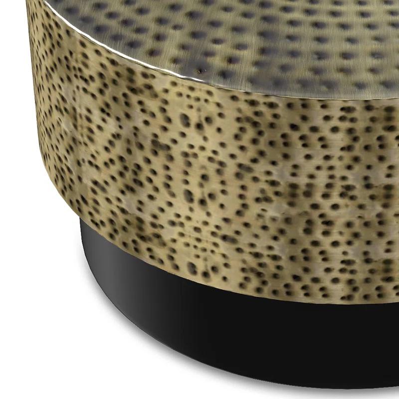 Simpli Home Montrose 30"W Antique Gold and Black Metal Modern Industrial Round Coffee Table with Hammered Texture, Fully Assembled