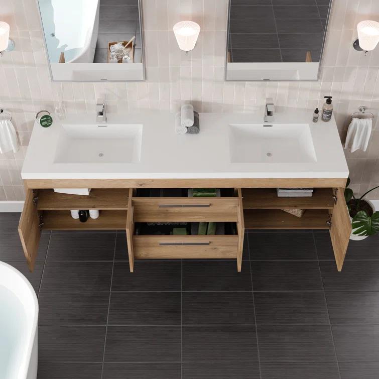 Wade Logan® Wauconda 72"W X 20"D Wall Mount Double Sink Bathroom Vanity With White Acrylic Countertop And Integrated Sinks