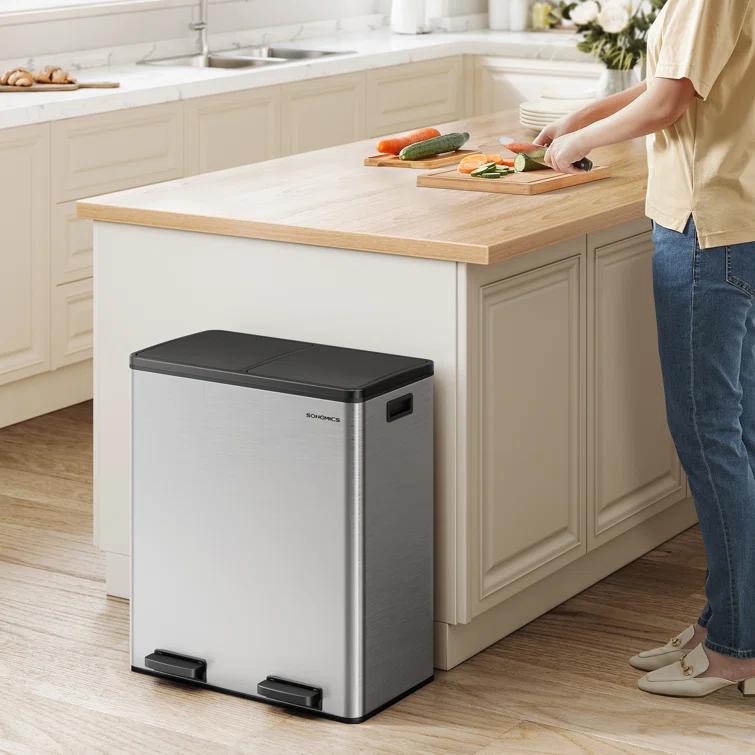 Songmics 2 x 8 Gallon Stainless Steel Multi-Compartments Trash Can with 15 trash bags