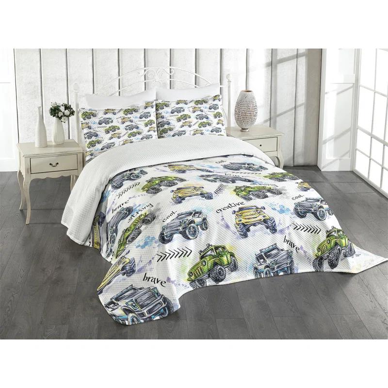 Ambesonne Ambesonne Cars Bedspread Set Hand Drawn Monster Truck Yellow Lavender Blue