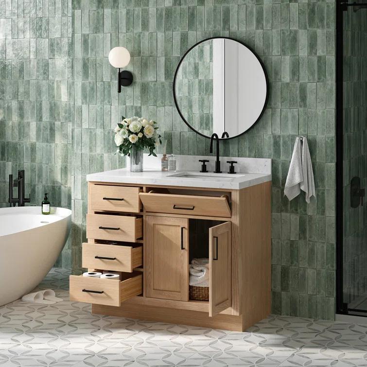 Wildon Home® Tidworth 42'' Solid Wood Single Bathroom Vanity with 1.5'' Carrara Quartz Top, Right Offset Rectangular Sink