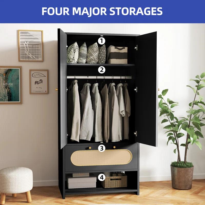 Bay Isle Home™ Modern Rattan Armoire Closet with Doors, Drawer, and Hanging Rod