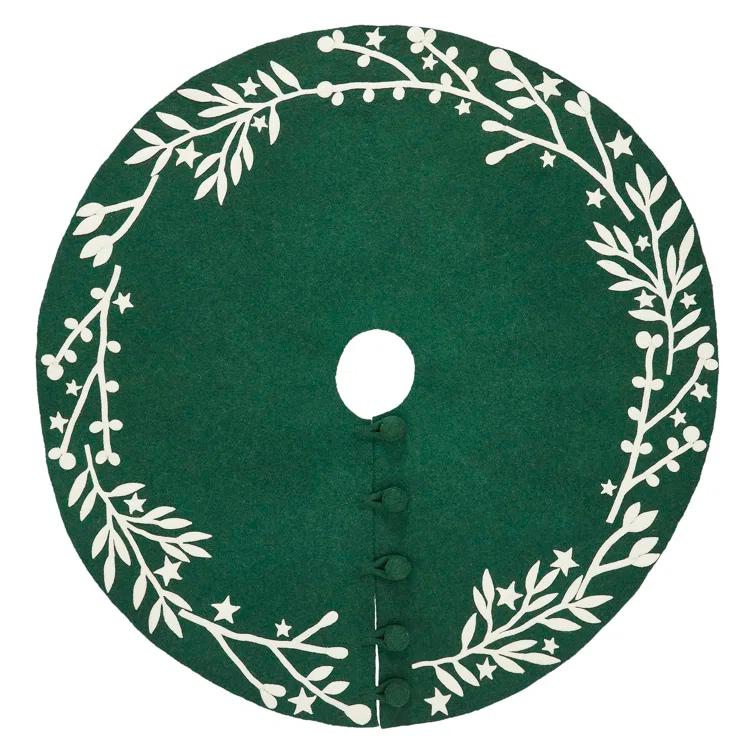 Handmade Green Felt Christmas Tree Skirt with Cream Branches and Stars - 60"