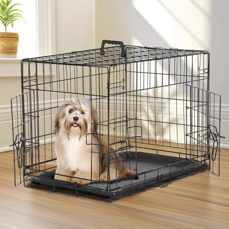 Ebern Designs Medium Dog Crate With Divider Panel, 30 Inch Double Door Folding Metal Wire Dog Cage With Plastic Leak-Proof Pan Tray, Pet Kennel For Indoor, Outdoor, Travel