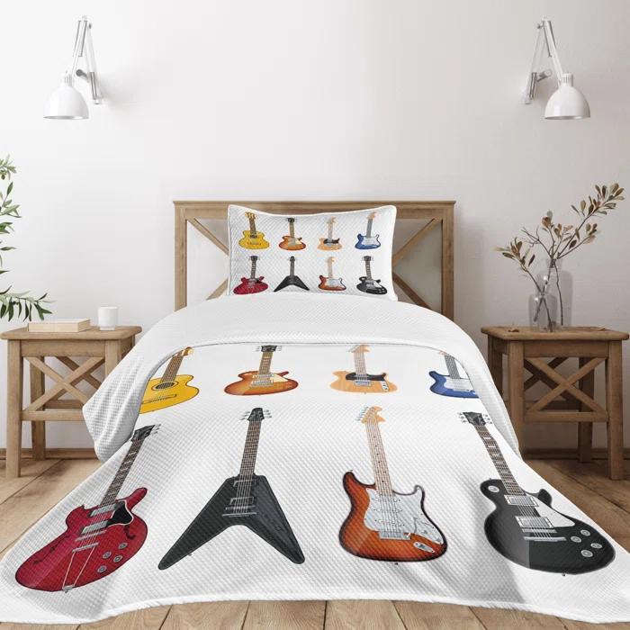 Ambesonne Ambesonne Guitar Bedspread Set 2 Pcs String Instruments Jazz Twin Multicolor
