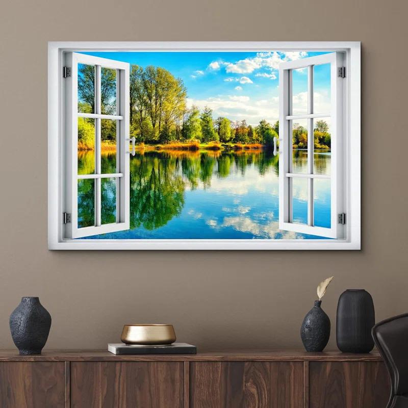 IDEA4WALL Window Scenery Green Peaceful Lake Natural Landscape Photography Pictures Canvas Print Wall Art