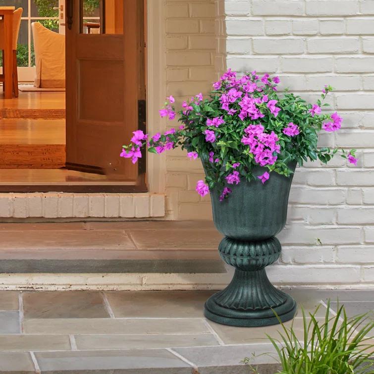 Charlton Home® Ciresila Classic Moroccan Bronze Urn Planter Decorative Outdoor Flower Pot with Stand for Garden Front Column and Wedding Decor