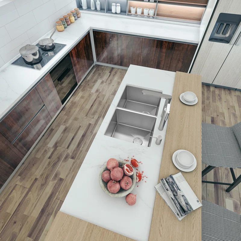Sinber HU3219D-S-16W Sinber 32" x 19" Undermount Double Bowl Kitchen Sink with 16 Gauge 304 Stainless Steel Satin Finish