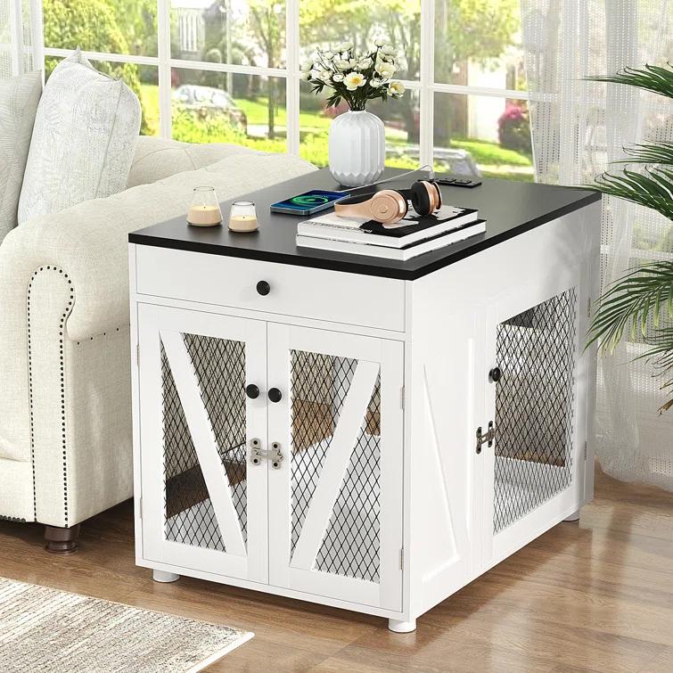 Tucker Murphy Pet™ Dog Crate Furniture, Wooden Dog Kennel End Table with USB Charging Station, Storage Drawer, Double Latched Door, Farmhouse Furniture-Style Crate Side Table for Dogs Under 40 lbs, Indoor Use