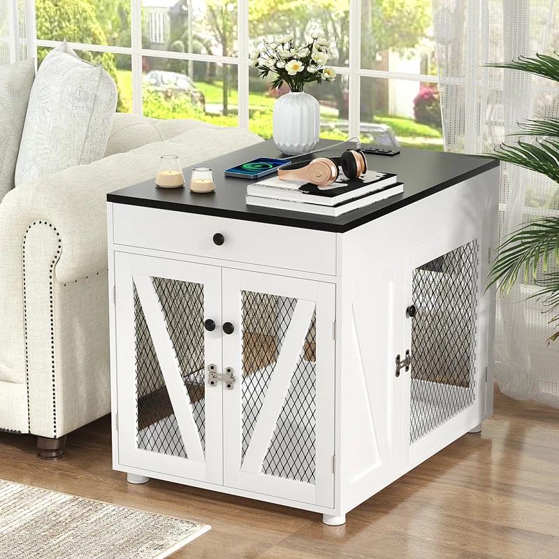 Tucker Murphy Pet™ Dog Crate Furniture, Wooden Dog Kennel End Table with USB Charging Station, Storage Drawer, Double Latched Door, Farmhouse Furniture-Style Crate Side Table for Dogs Under 40 lbs, Indoor Use