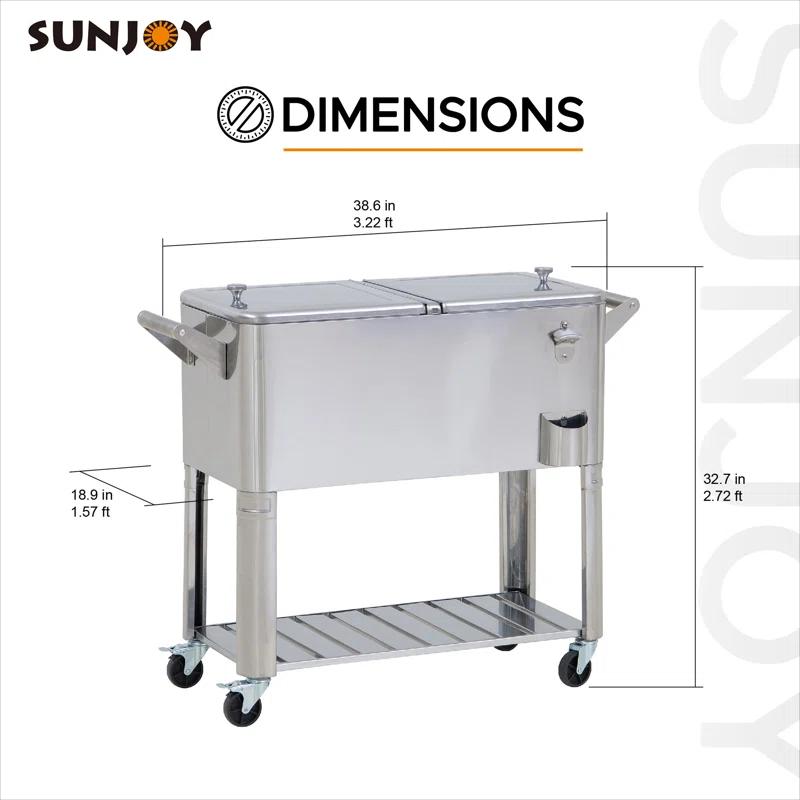 Sunjoy Sunjoy 80 Quart Patio Cooler Cart Stainless Steel Rolling Ice Chest With Steel Bottle Opener, Shelf And Lockable Wheels
