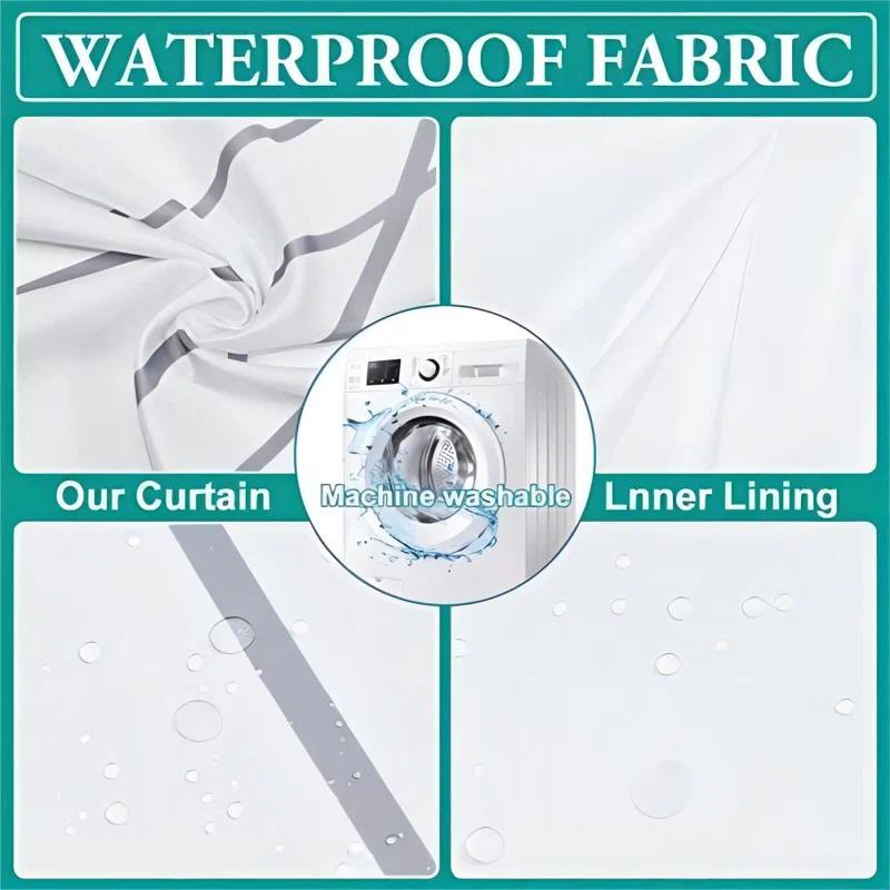 Ivy Bronx No Hook Grey White Striped Shower Curtain With Snap In Fabric Liner Set - Hotel Liner Set With See Through Mesh Top Window,Machine Washable, 71X74 INCH