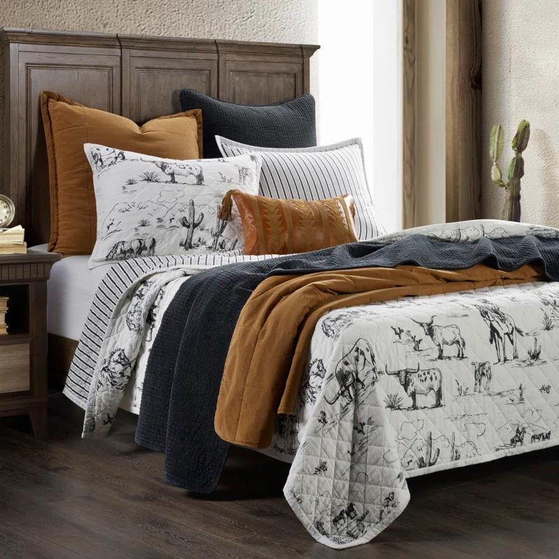 Paseo Road by HiEnd Accents Ranch Life White/Black Cotton Reversible Western Rustic Farmhouse 3 Piece Quilt Set