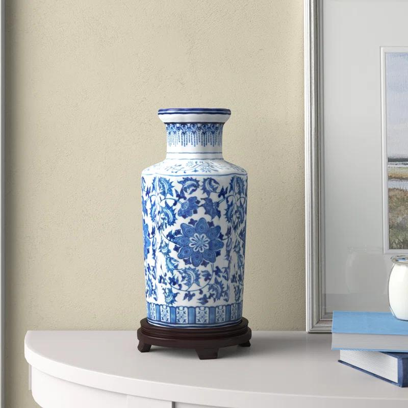 Oriental Furniture 12" Floral Blue & White Porcelain Vase, living room