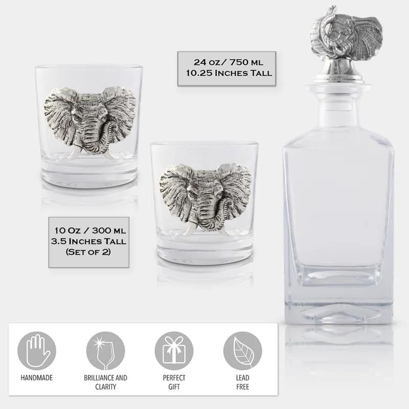Arthur Court Designs Elephant Glass Whiskey Decanter with Pair of Double Old Fashion Glasses