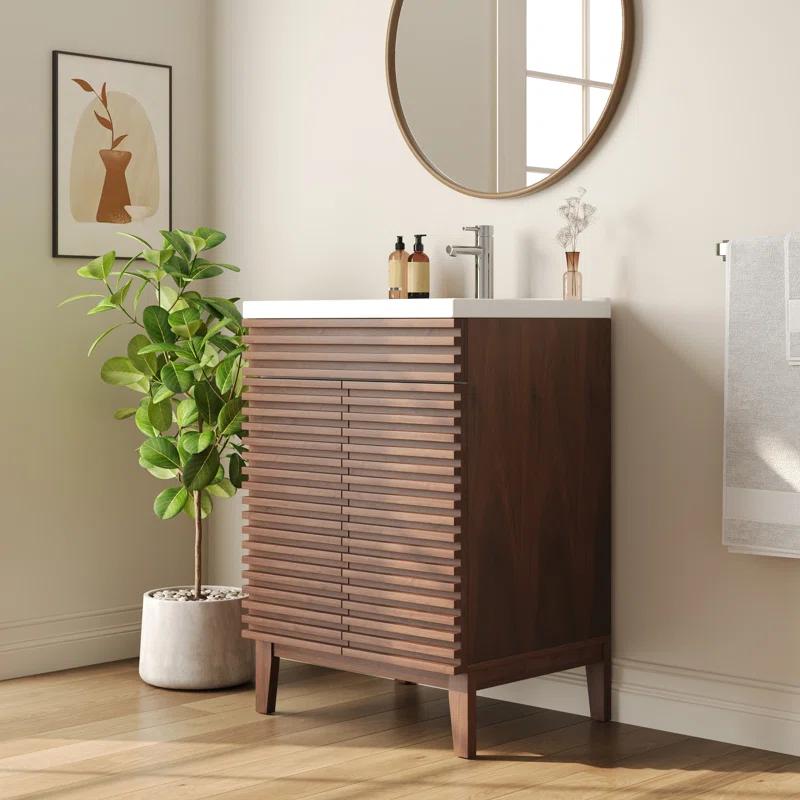 DeerValley  Cove 24" Bathroom Vanity with Ceramic Sink Top, Fully Assembled Mid-Century Wood Bathroom Cabinet Walnut & Reviews | Wayfair