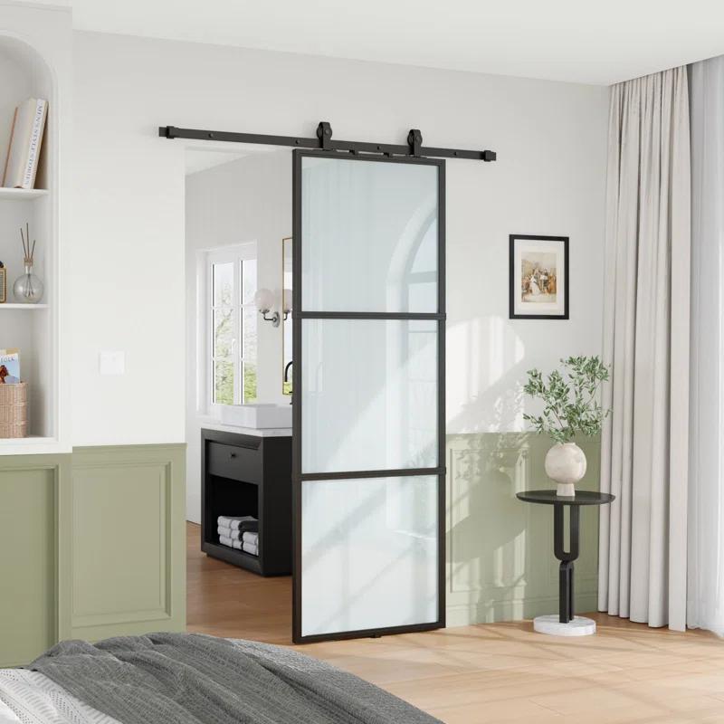 TREEBLING 84" Metal and Glass Sliding Barn Door with Two-Way Soft Close and Installation Hardware Kit