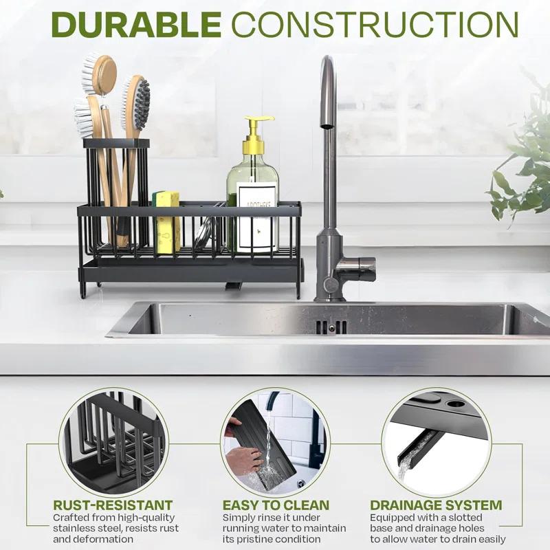 WKING Stainless Steel Kitchen Sink Caddy Organizer With Draining Tray, Rustproof Sponge Holder For Sink, Adjustable Compartments, Space-Saving Design