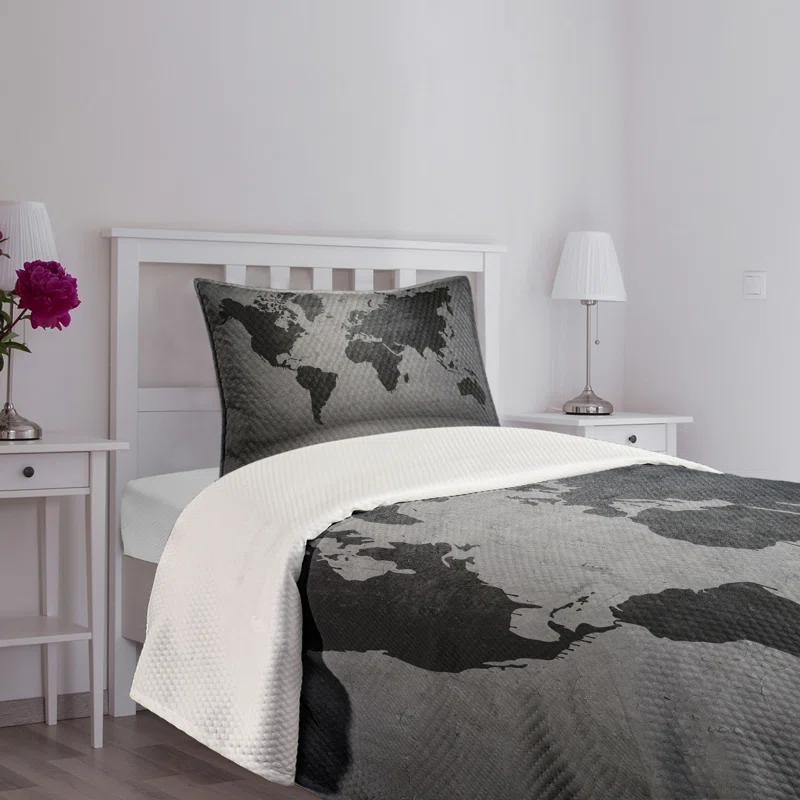 Ambesonne Ambesonne Dark Grey Bedspread Set World Map on Wall Grey Black