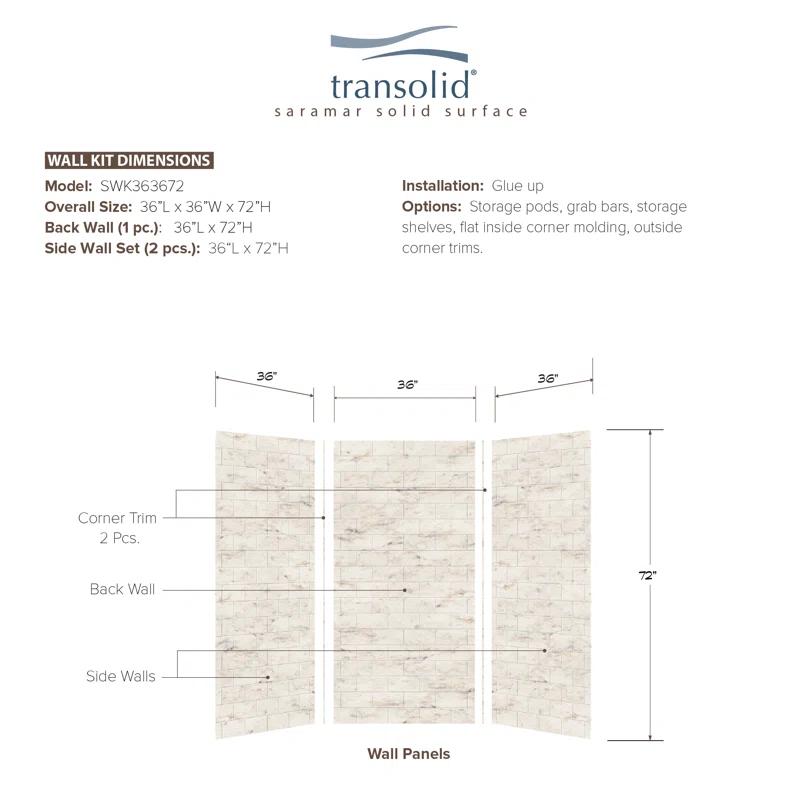 Transolid SaraMar 36'' W 36'' D 72'' H Glue Up Solid Surface Wall