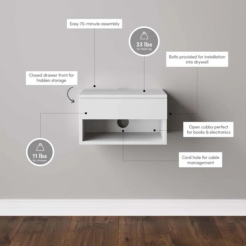 Nathan James Modern Floating Bedroom Nightstand with Storage Drawer and Open Shelf Cubby