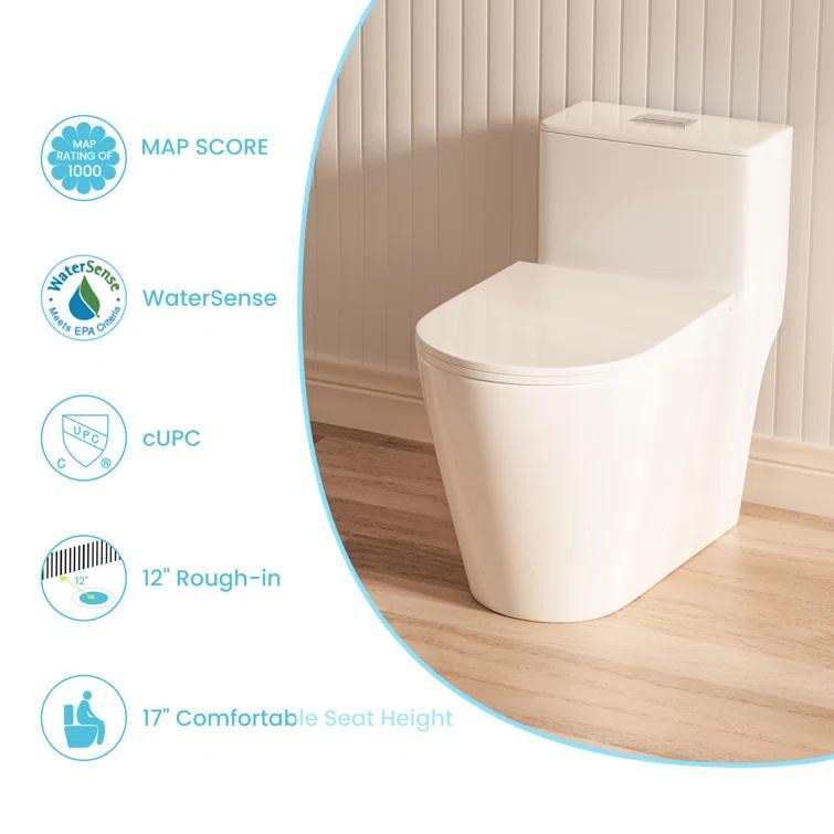Casta Diva Modern 17" Comfort Chair Height Toilet Powerful Dual Flush Elongated One-Piece Bathroom Toilet Bowl, Quiet Close Seat WE05