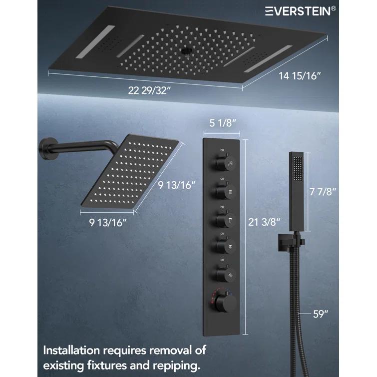 EVERSTEIN Music Thermostatic Shower System,Dual Showerheads with LED Mood Lighting SFS-1051-BK