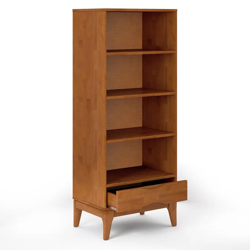 Simpli Home Harper 24"W Solid Hardwood 4 Shelf Mid-Century Modern Bookcase with Drawer and Adjustable Shelves