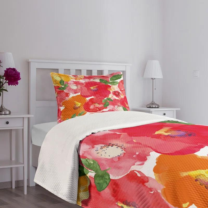 Ambesonne Ambesonne Flower Bedspread Set Watercolor Style Floral Red and Orange