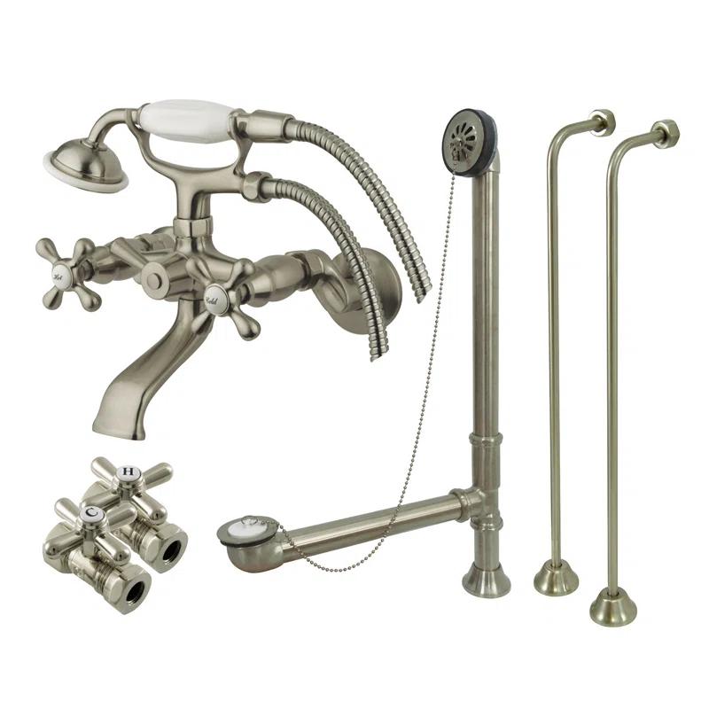 Kingston Brass CCK265SN Kingston Brass Vintage Two-Handle 2-Hole Tub Wall Mount Clawfoot Tub Faucet Package with Supply Line, Hand Shower and Tub Drain