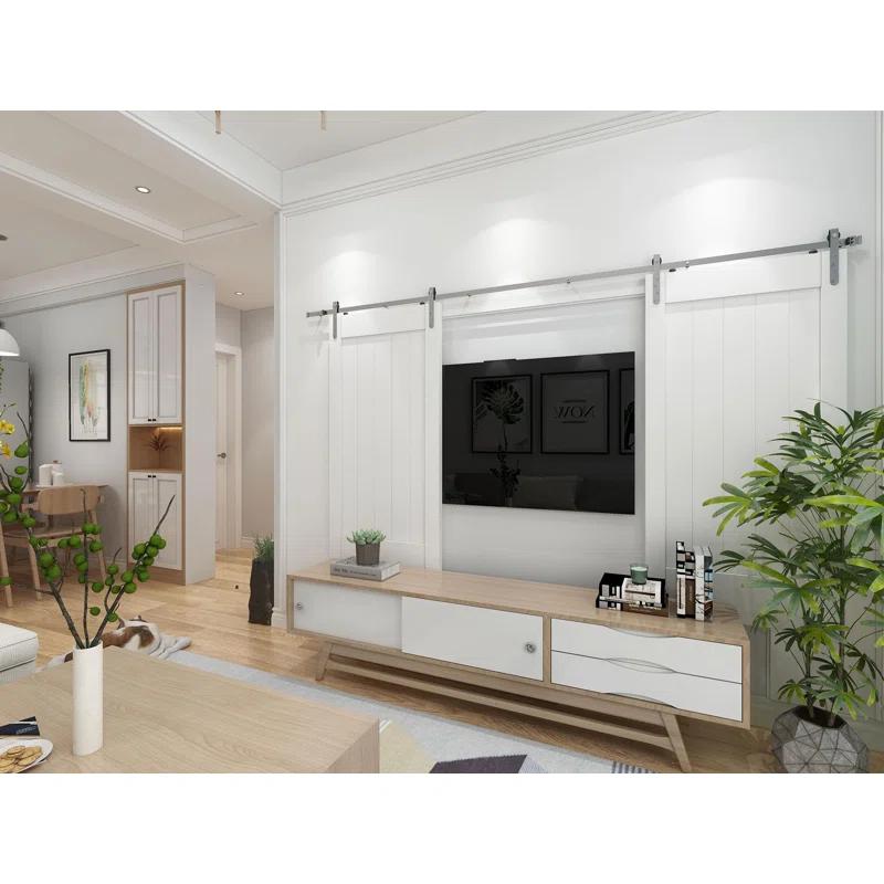 American Pro Decor Solid Steel Mini Sliding Rolling Barn Door Hardware Kit for Double Wood Doors (2-Piece)