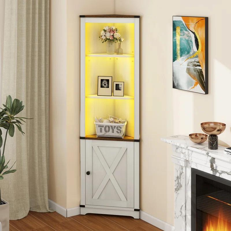 Gracie Oaks Aspenn 67" H Corner Bookcase with LED Light, Corner Storage Cabinet with Adjustable Shelf