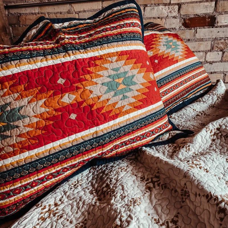Paseo Road by HiEnd Accents Del Sol Red/Orange/Tan Aztec Print Cotton Southwestern Style Reversible Quilt Set