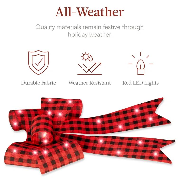 The Holiday Aisle® Set Of 3 Pre-Lit Christmas Bows, Indoor/Outdoor LED Holiday Decor W/ 8 Light Functions - Plaid