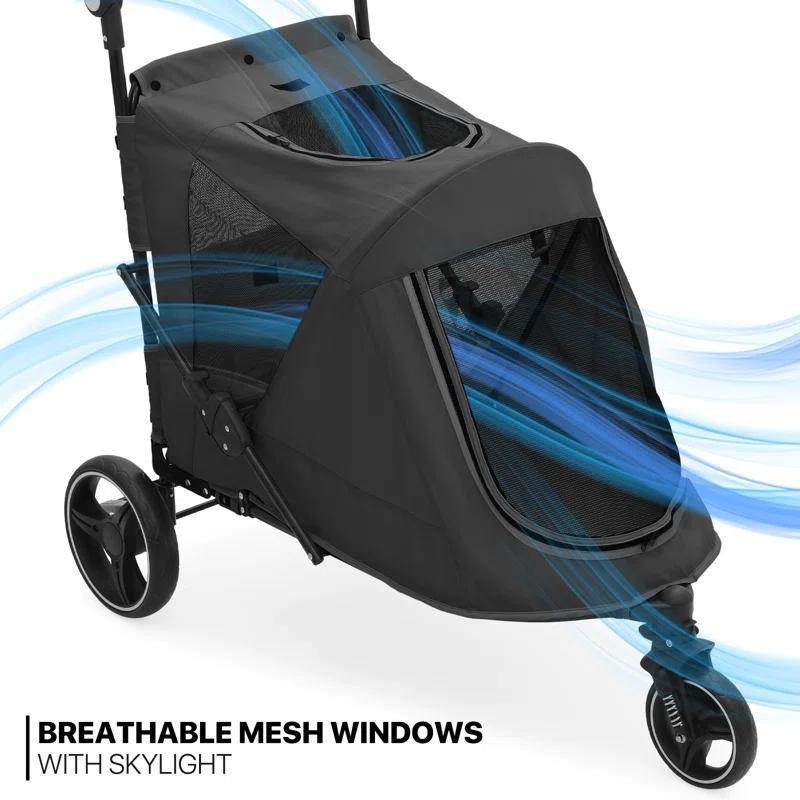 Folding 3 Wheel Pet Stroller, Foldable Dog Jogger Stroller with Adjustable Handlebar and Mesh Window