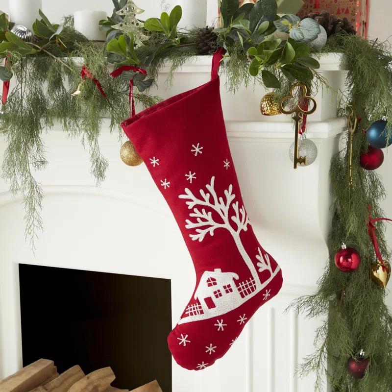 Arcadia Home Handmade Christmas Stocking - Snowy Village Embroidered Scene on Red