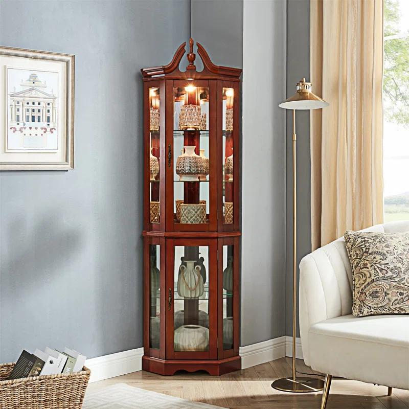 wendeway Walnut Corner Curio Cabinet With Lights,Adjustable Tempered Glass Shelves, Mirrored Back, Display Cabinet,Sideboard,Bookshelf