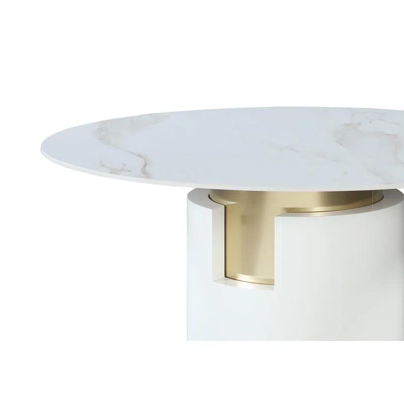 Chintaly Imports Marbleized Sintered Stone Top Table w/ Cylinder Base & Golden Accent
