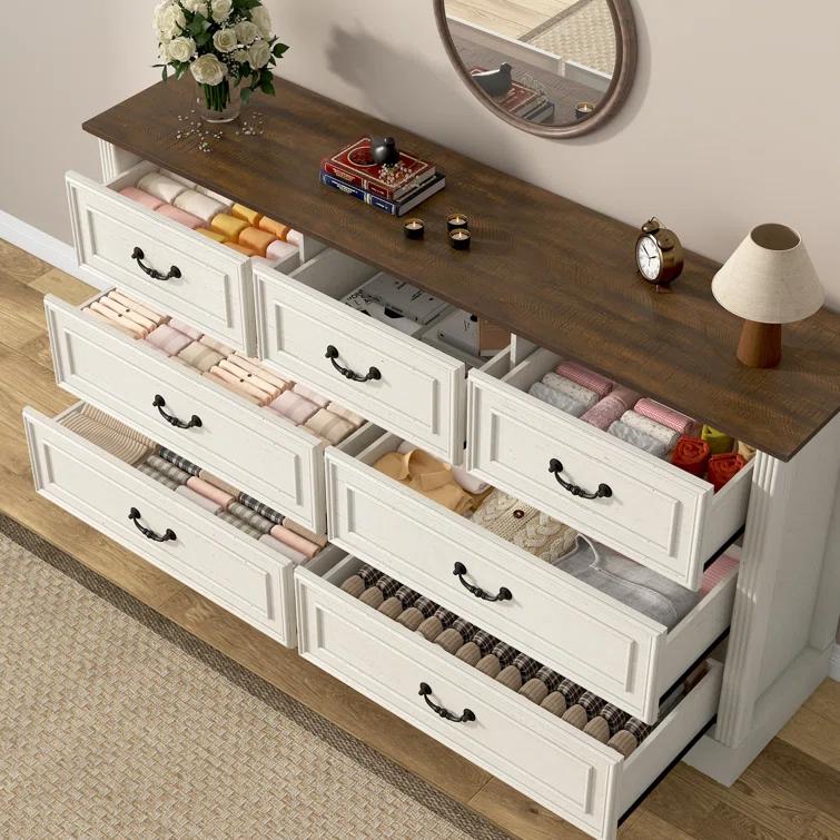 Charlton Home® 59" Farmhouse Dresser With 7 Spacious Drawers – Rustic Wooden Storage Cabinet For Bedroom, Living Room, Or Entryway