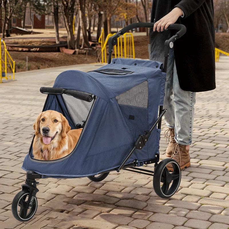 MoNiBloom Folding 3 Wheel Pet Stroller, Foldable Dog Jogger Stroller with Adjustable Handlebar and Mesh Window