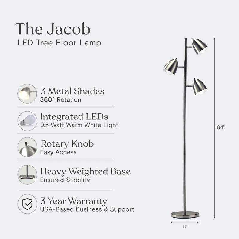 Brightech Jacob 64" Modern 3-Light Adjustable LED Floor Lamp with Silver Finish and Metal Cone Shades, Bulbs Included