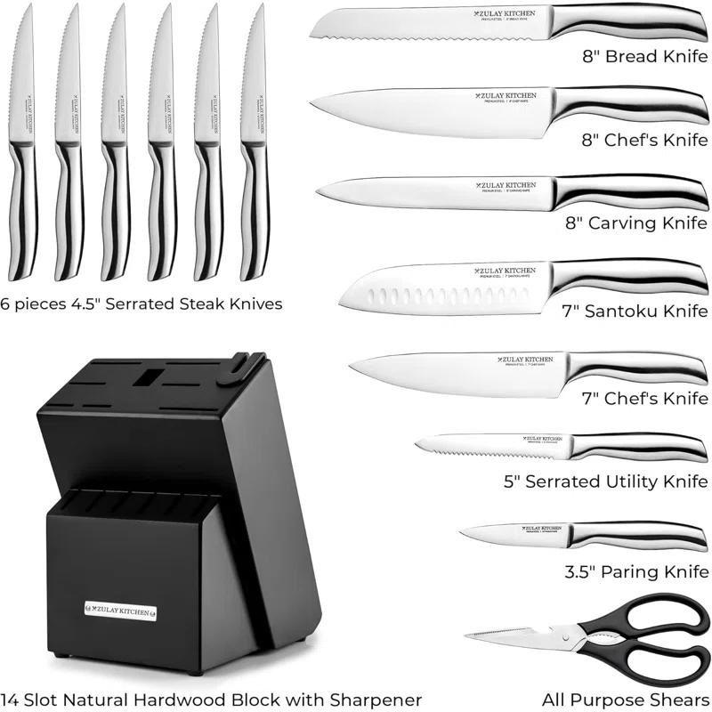 Zulay Kitchen Zulay Kitchen Premium 15-Piece Knife Set with Natural Wood Block and Built-in Sharpener