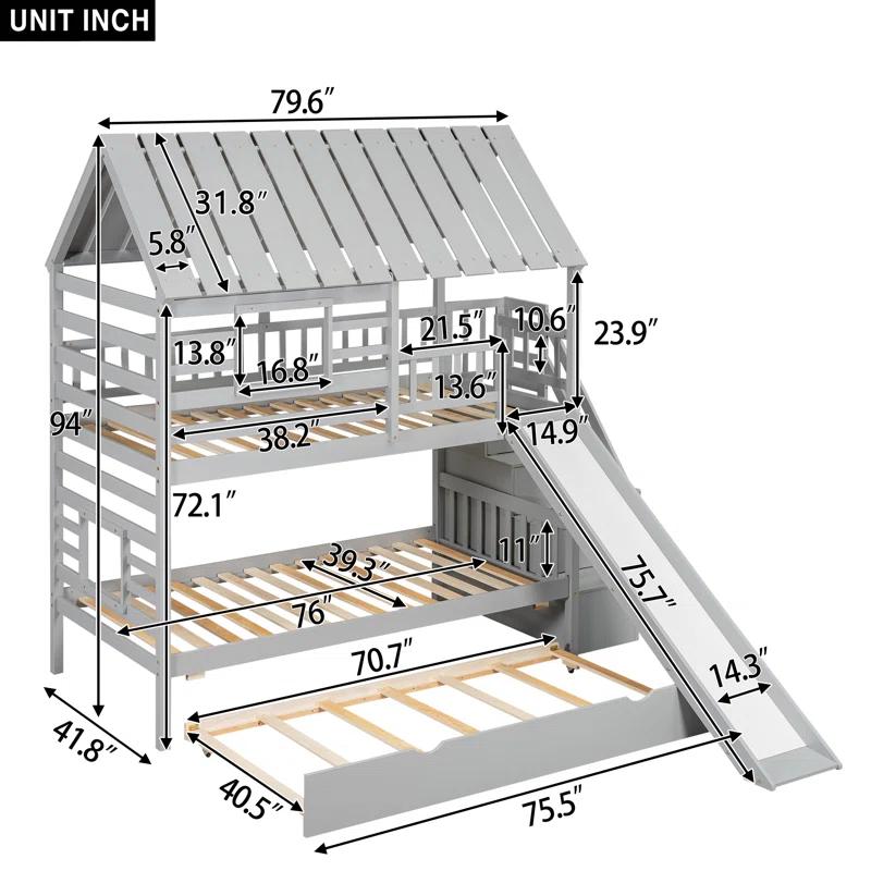 Harper Orchard Twin Over Twin House Bunk Bed With Trundle And Slide