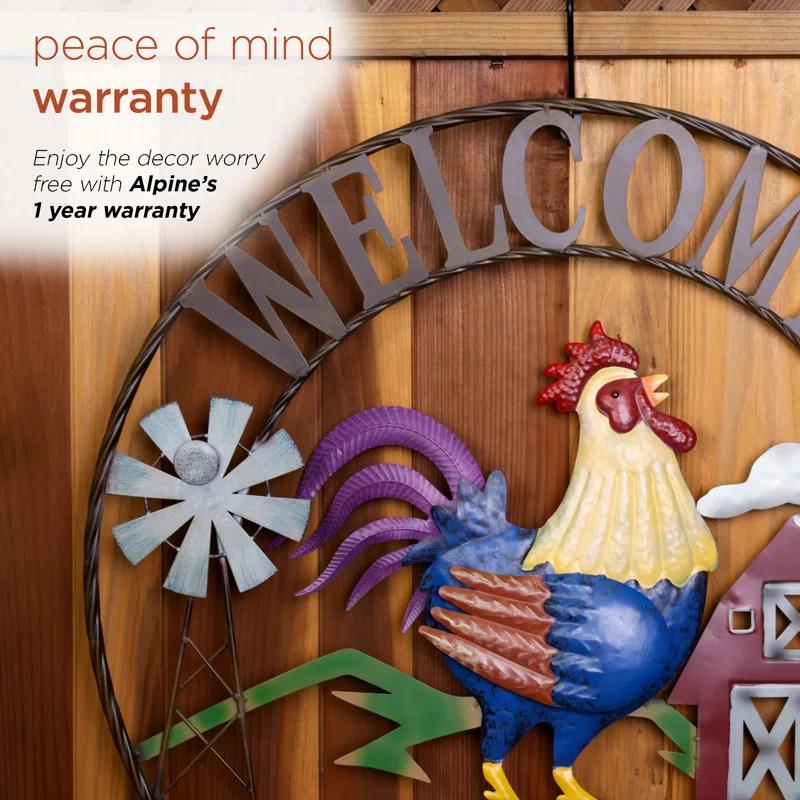 Alpine 30"H Large Round Rooster and Farm Welcome Wall Sign