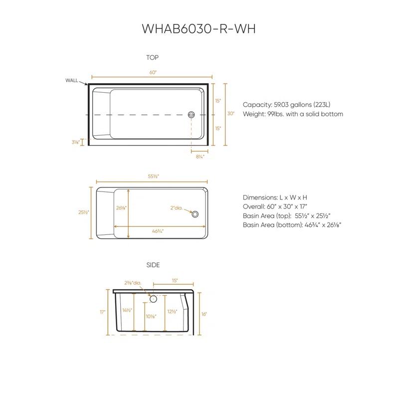 Whitehaus Collection WHAB6030-R-WH Whitehaus Collection 60" x 30" Alcove Soaking Bathtubs With Drain Hole Options