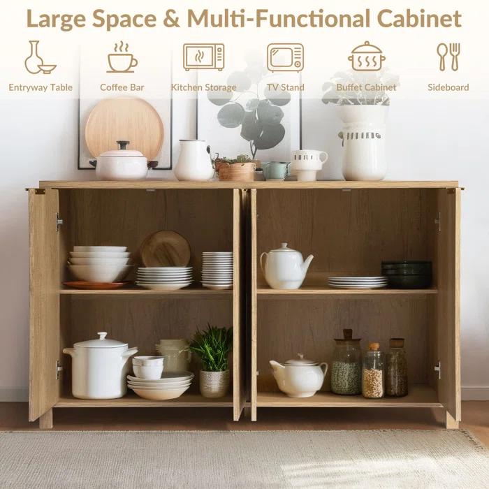 Ebern Designs Fluted Buffet Sideboard Cabinet with Storage, Modern Wave Fluted Buffet Credenza with Adjustable Shelves, 4 Door Accent Bar Cabinets Console Table