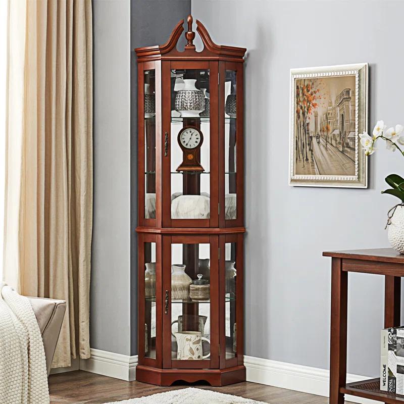 wendeway Walnut Corner Curio Cabinet With Lights,Adjustable Tempered Glass Shelves, Mirrored Back, Display Cabinet,Sideboard,Bookshelf
